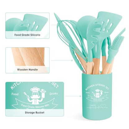 Kitchen Utensils Set Silicone Kitchen Utensils Set with Wooden Handle Utensils for Cooking Heat Resistant Silicone Non-Stick Cookware BPA FREE (Dark Green) - color: Dark Green