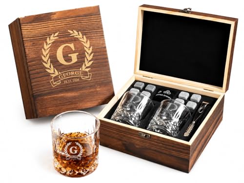 Personalized Engraved Whiskey Glass Gift Set, Custom Whiskey Stones Set with Wooden Box, Granite Chilling Rocks Tongs, Unique Gifts for Men Dad Groomsmen Birthday Father's Day