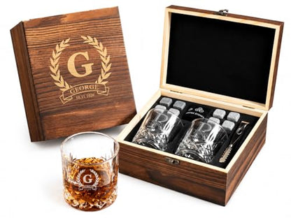 Personalized Engraved Whiskey Glass Gift Set, Custom Whiskey Stones Set with Wooden Box, Granite Chilling Rocks Tongs, Unique Gifts for Men Dad Groomsmen Birthday Father's Day