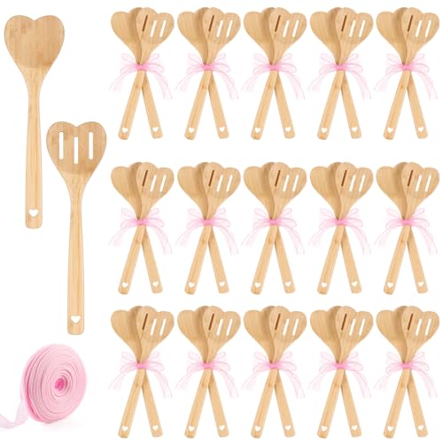 Reallnaive 24 Pcs Bamboo Spatula Wooden Kitchen Utensil Bulk 12''wood Spoon Spatula for Cooking with Ribbon Bridal Baby Shower Game Prize Wedding Party Favors Housewarming Gift (Heart Style) - style: Heart Style