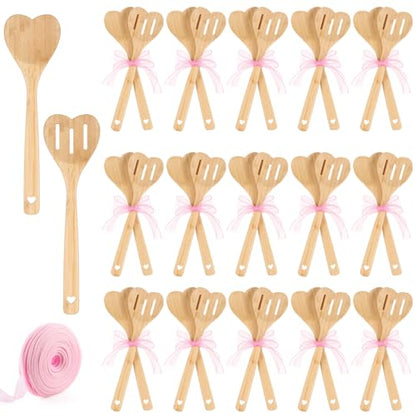 Reallnaive 24 Pcs Bamboo Spatula Wooden Kitchen Utensil Bulk 12''wood Spoon Spatula for Cooking with Ribbon Bridal Baby Shower Game Prize Wedding Party Favors Housewarming Gift (Heart Style) - style: Heart Style