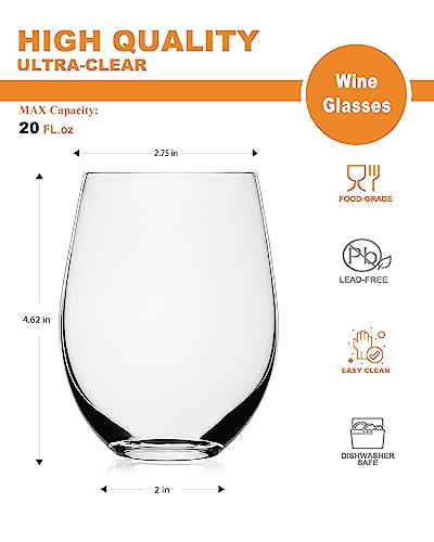 LUXU Stemless Wine Glasses(Set of 4)-20 oz,Crystal Wine Cups | Red or White Wine,Large Water Juice Glasses,No Stem Glass Beverage Cups,Clear Drinking Tumblers for Any Occasion - color: Clear - 4 Pack