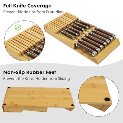 Bamboo Kitchen Drawer Knife Block, In drawer Knife Holder, Knife Drawer Organizer fit for 13 knives | Compact design,13 Slots, Thicker Base Board, Drawer Holder Storage For Steak, Paring, Bread Knives - size: 13 Slots Knife Holder