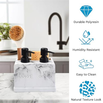 Kitchen Soap Dispenser Set,with Liquid Hand and Dish Soap,Sponge Holder and Brush Holder 4-in-1 Dual Soap Dispenser Set for Kitchen Sink, Bathroom - Artificial White Marble Look - color: 4 in 1 - White Marble Look