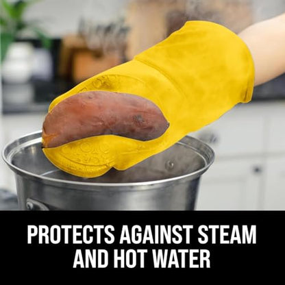 BPA-Free Soft Silicone Oven Mitts - Ultra Heat Resistant Oven Mitts with Thick Cotton Liner - Long Slip Resistant Pot Holders, Flexible Oven Gloves - Yellow 13.7" - color: Yellow, size: 2-Piece 13.7" Oven Mitts