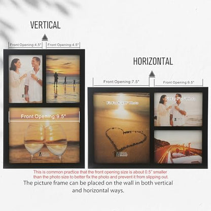 3-Opening Collage Frame 8x10 + 2(5x7) Black Wood | Holds 8x10 and two 5x7 photos, shatter-resistant glass, tabletop & wall mount - size: 8x10 & 5x7 - 3 Opening