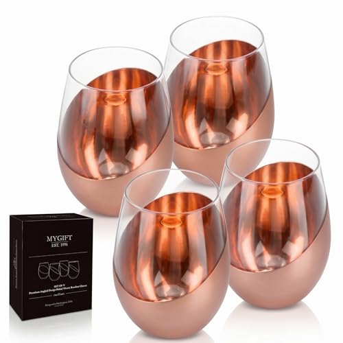 MyGift Stemless Wine Glasses Set of 4 - Copper Accent Modern Barware, Elegant Wedding & Celebration Cups with Luxe Metallic Finish, Dishwasher Safe - color: Copper-4