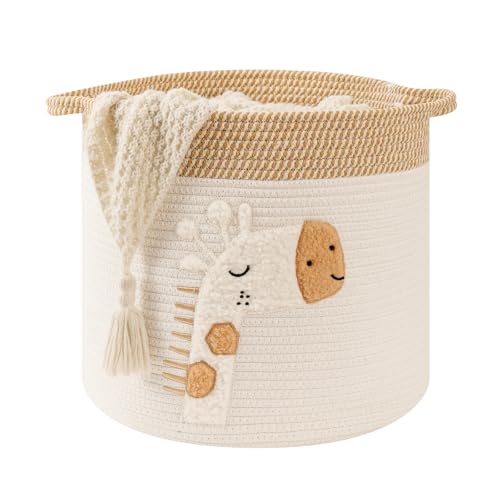 Large Blanket Baskets for Living Room Decor, Toy Storage Baskets 14" x 14" Woven Cotton Rope Basket for Kids, Dog Toys Organizer Clothes Hamper with Embroidery Decor for Nursery Laundry, Giraffe - color: Giraffe, size: Large