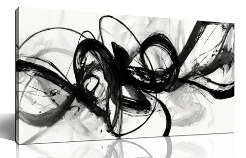 Abstract Wall Art Black and White Swirl Lines Canvas Prints 20"x40" | Large Minimalist Artwork,Living Room,Bedroom Home Office Decor, Framed, Easy to hang,Modern Decor,Gift - color: black, size: 20"L x 40"W