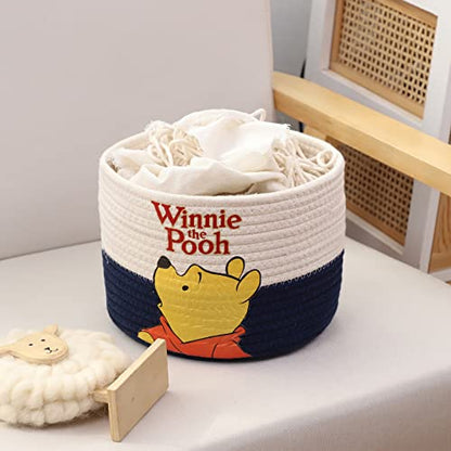 YAHUAN Small Cotton Rope Basket with Bear-Patterned Cotton Rope Storage Basket Collapsible Blanket Basket with Handles(blue white)