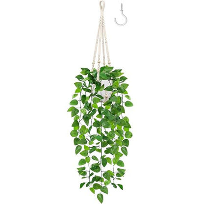 USLAI Fake Hanging Plant, Artificial Pothos Vines Greenery with Pot and Macrame Plant Hanger for Indoor Outdoor Boho Decor - size: 1 Pack