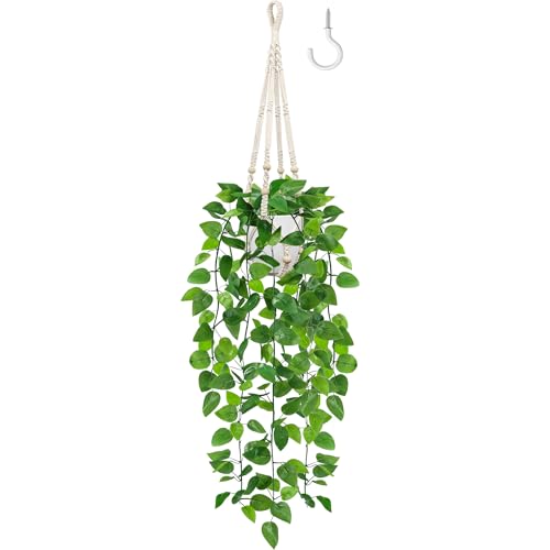 USLAI Fake Hanging Plant, Artificial Pothos Vines Greenery with Pot and Macrame Plant Hanger for Indoor Outdoor Boho Decor - size: 1 Pack