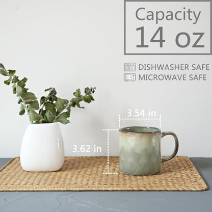 Bosmarlin Ceramic Coffee Mug Set of 4, 14 Oz, Coffee Cups with Big Handle, Microwave Safe, Unique Reactive Glaze (Green, 14 Oz) - color: Green