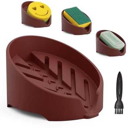 NiHome Silicone Sponge Holder for Kitchen Sink, Fits Scrub Daddy Mommy | Self-Draining Dispenser Organizer Tray, Sink Caddy Countertop Fits Soaps, Scrubber, Dishwasher Safe, Includes Brush - color: Dark Red