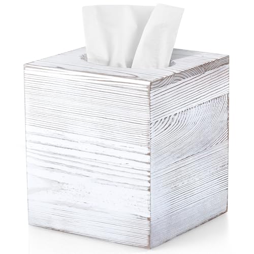 Wood Tissue Box Cover Square - Wooden Tissue Box Holder for Tabletop Night Stands Bathroom Office - Decorative White Facial Cube Tissue Box Cover - color: White, size: Square