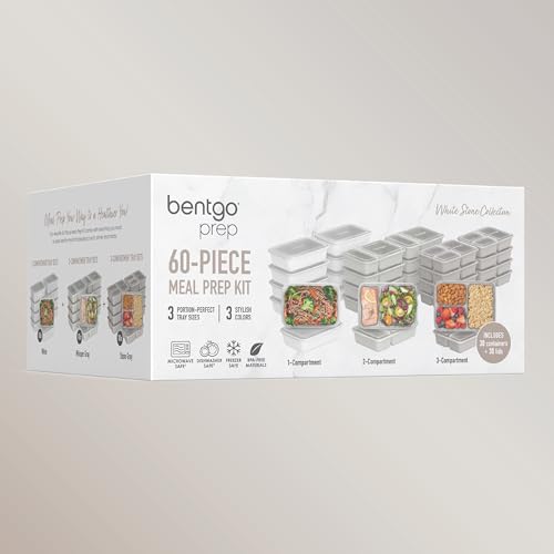 Bentgo Prep 60-Piece Meal Prep Kit - Reusable PFAS & BPA-Free Food Containers, 1-Compartment, 2-Compartment, & 3-Compartments - Microwave, Freezer, & Dishwasher Safe (White Stone) | Portion Control, Stackable, PFAS & BPA-Free, Microwave, Freezer & Dishwas