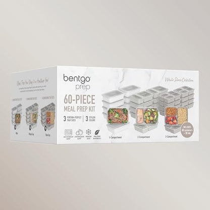 Bentgo Prep 60-Piece Meal Prep Kit - Reusable PFAS & BPA-Free Food Containers, 1-Compartment, 2-Compartment, & 3-Compartments - Microwave, Freezer, & Dishwasher Safe (White Stone) | Portion Control, Stackable, PFAS & BPA-Free, Microwave, Freezer & Dishwas