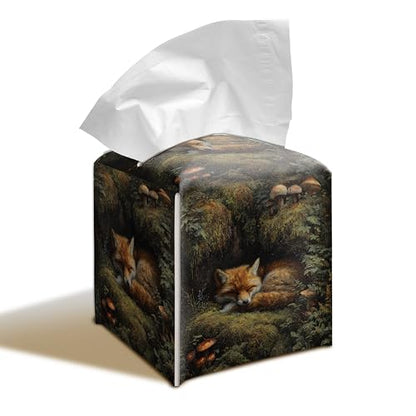 Sleeping Fox Tissue Box Cover, 5.2 Inch PU Leather Square Holder | PU leather tissue box cover with sleeping fox woodland design, hand-stitched detail, and removable liner for home or office. - color: Sleeping Fox