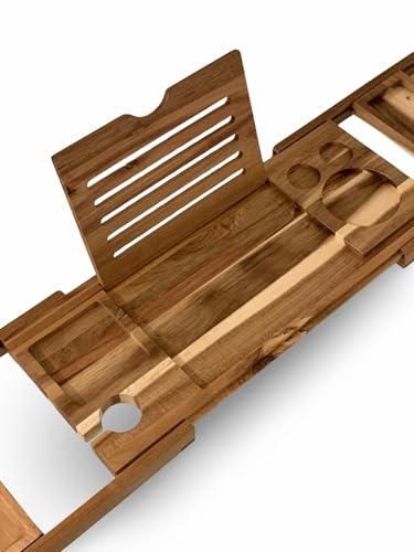 Premium Acacia Wood Bathtub Caddy | Adjustable Wooden Bath Tray | Book & Tablet Holder with Wine Glass Slot | Luxury Spa Gift for Her & Him