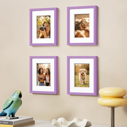 Vittanly Solid Wood 8x10 Picture Frames Set of 4, Purple | 5x7 Picture Frame with Mat, Gallery Wall Frame Set, 8 x 10 Frame for Wall & Tabletop Display, Family, Pet, Christmas - color: Purple, size: 8x10