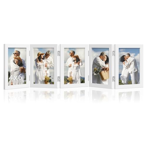 DUENPY 5 Folding 4x6 Accordion Wood Frame Plexiglass White | Constructed With Engineered Wood And Plexiglass, Elegant Ornament For Desktop Photo Display - color: White, size: 4x6