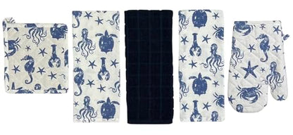Summer Kitchen Pot Holder Oven Mitt Dish Towel Set: Fun Navy White Coastal Design, 5 pc Set (Coastal Blue) - color: Coastal Blue