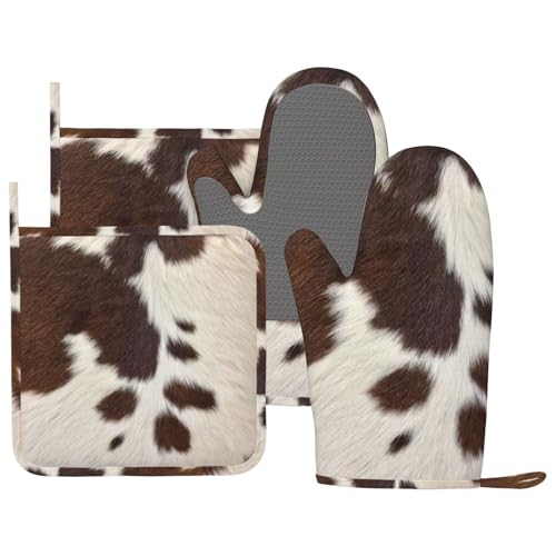 Cow Print Oven Mitts and Pot Holders Set Silicone Heat Resistant Brown Cowhide Western Farmhouse Kitchen Gloves Set Cow Print Kitchen Mittens Pot Holders for BBQ Cooking Baking Grilling - color: Brown