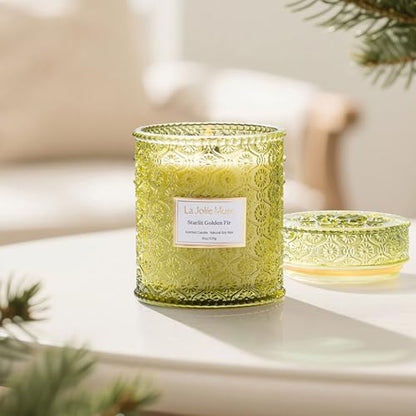 LA JOLIE MUSE Holiday Glow Candle Trio | 3×19 oz | Ruby Berry Bliss, Hearth & Velvet Flames, Starlit Golden Fir | Festive Soy Candles | Gift-Wrapped Wooden Wicks