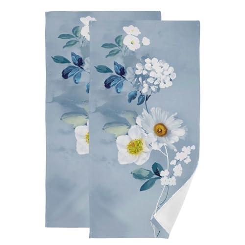Blue White Floral Botanical Leaf Hand Towels Bath Towels Set of 2 | Watercolor Navy Flower Decorative Bathroom Towels Soft Absorbent Quick Dry Bath Face Hair Dish Tea Towels for Kitchen 28"x14" - color: White Blue