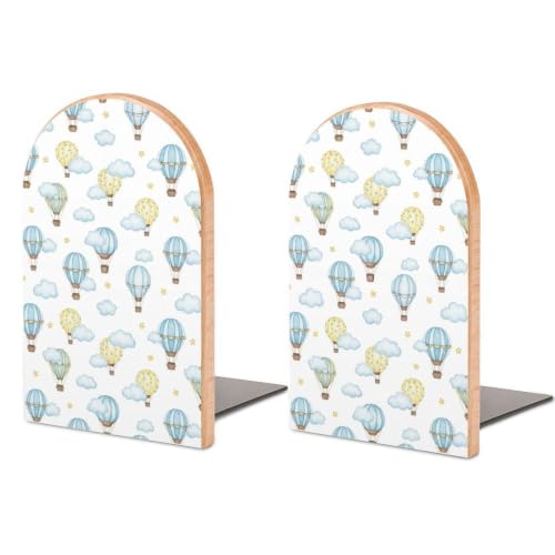 Heavy Duty Wood Bookends for Shelves Bookshelf Decor, Cute Hot Air Balloon | Stars Blue Cloud, Non-Slip Book Ends, Desktop Organizer for Home Library Office Supplies, 1 Pair - color: Style(507)
