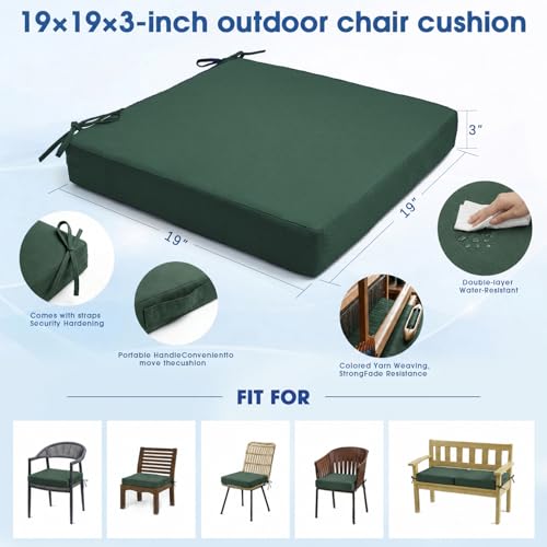 Outdoor Chair Cushions Set of 4, 19x19 Waterproof Patio Pads, Dark Green | Fade resistant fabric with ties, handle and 3-inch foam for dining seats, decks, porches, gardens and hard seating - color: Dark Green