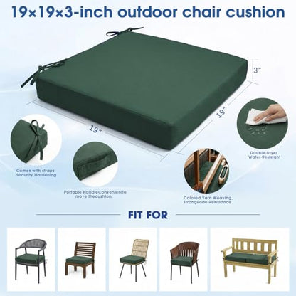 Outdoor Chair Cushions Set of 4, 19x19 Waterproof Patio Pads, Dark Green | Fade resistant fabric with ties, handle and 3-inch foam for dining seats, decks, porches, gardens and hard seating - color: Dark Green