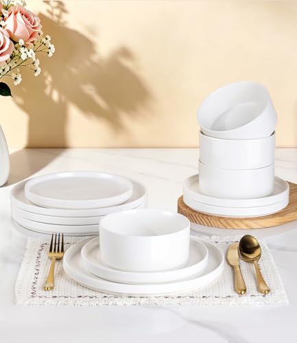 GBHOME Stoneware Dinnerware Sets for 4,12-Piece Matte Plates and Bowls Set | Lightweight Ceramic Dish Set,Oven & Microwave,Dishwasher Safe,Scratch Resistant-White - color: White