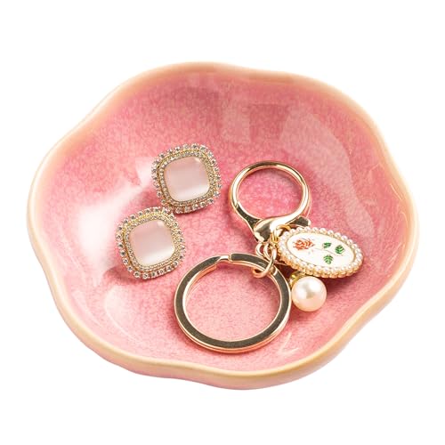 BEUNAIZER Ceramic Ring Dish, 4.3 in Flower Jewelry Tray with Raised Sides | Deep flower shape helps hold more small items and reduces the chance of jewelry sliding out. - color: pink
