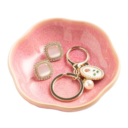 BEUNAIZER Ceramic Ring Dish, 4.3 in Flower Jewelry Tray with Raised Sides | Deep flower shape helps hold more small items and reduces the chance of jewelry sliding out. - color: pink