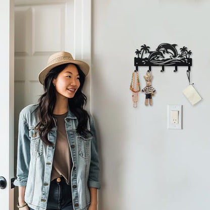 MAYJOYDIY Ocean Dolphin Metal Key Hook Marine Animal Coat Rack Wall Mounted 9.8×4.7inch Coconut Tree Black Art Wall Decor Key Holder with 5 Hooks for Gift Coats Hats Towels Bags Hanging - style: Ocean Dolphin
