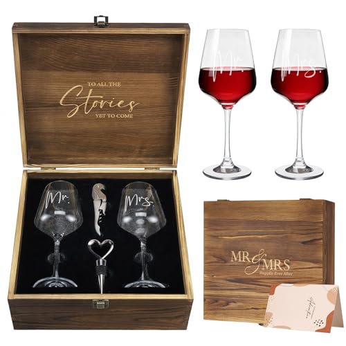 AW BRIDAL Mr and Mrs Wine Glasses, Bridal Shower Wedding Gifts for Couples | Engagement Gift for Newlyweds 2026, Bachelorette Gifts for Bride to Be, Wedding Glass with Opener Stopper Wooden Keepsake Box - style: Mr & Mrs