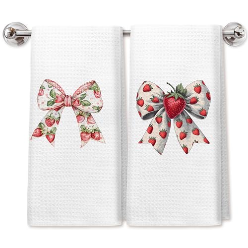 Coquette Strawberry Bow Kitchen Dish Towels Set of 2, Preppy Girly Strawberry Aesthetic Hand Towels for Bathroom Decor, Fruit Kitchen Bathroom Decor, 16x24 Inch - color: Strawberry Towels Set of 2
