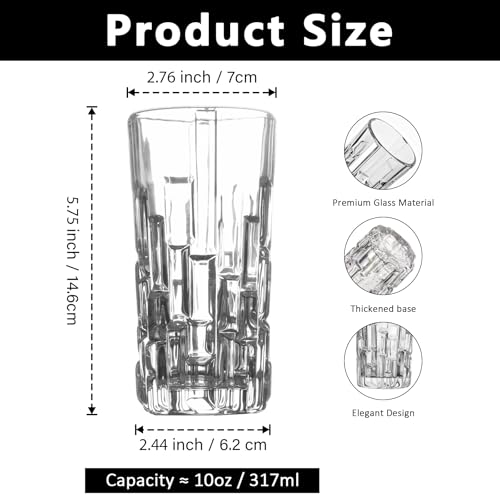 Tall Highball Glasses Set Of 6 - Elegant Tom Collins Glasses - Textured Designer Glassware Set For Whiskey,Drinks, Water, Beer, Soda 10 Oz