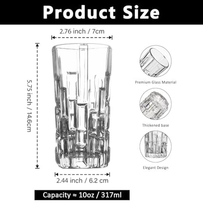 Tall Highball Glasses Set Of 6 - Elegant Tom Collins Glasses - Textured Designer Glassware Set For Whiskey,Drinks, Water, Beer, Soda 10 Oz