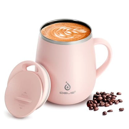 Ideus 16 oz Insulated Coffee Mug with Handle and Lid, Double Wall Stainless Steel Vacuum Thermal Coffee Mug, Travel Coffee Cup Thermal Cup for Home and Office (Sakura Pink 2.0, FUJI DAWN) - color: Sakura Pink 2.0