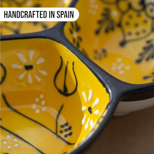 3-Compartment Ceramic Serving Dish, Handmade in Spain | 7.5” divided chip and dip bowl with lead-free glaze, microwave, oven and dishwasher safe, ideal for tapas, snacks and sauces - color: Onyx Yellow