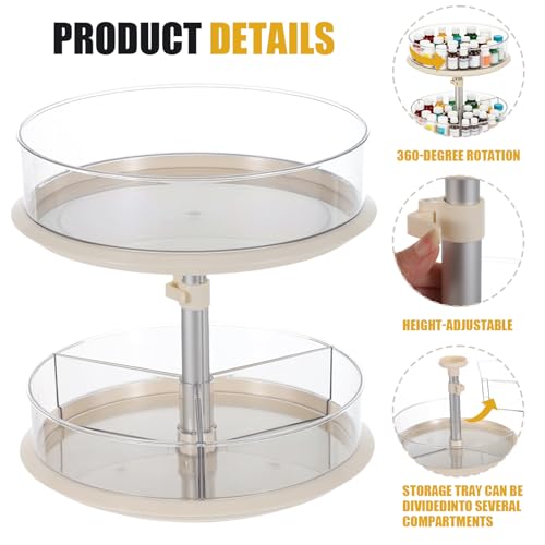 2 Tier Lazy Susan Turntable Organizer for Medicine Cabinet, 11 Inch White Rotating Spice Rack for Countertop, Pantry, Bathroom, Clear Large Storage for Bottles and Jars