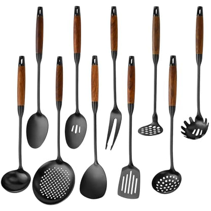 Izurok 18/10 Stainless Steel Kitchen Utensils Set,10 Piece Cooking Utensils With Wood Handle,Heat Resistant Kitchen Tool Set With Spatula,Spoon,Ladle,Skimmer,Slotted Turners,Pasta,Turner,Ladl,Fork - color: BLACK-10 Pieces, size: Small