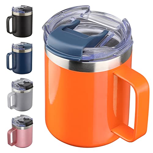 12oz Insulated Travel Coffee Mug with Handle, Orange | Stainless Steel Coffee Tumbler with Lid, Double Wall Vacuum Thermal Cup for Camping - color: Fliping Lid: Orange, size: 1 Count (Pack of 1)
