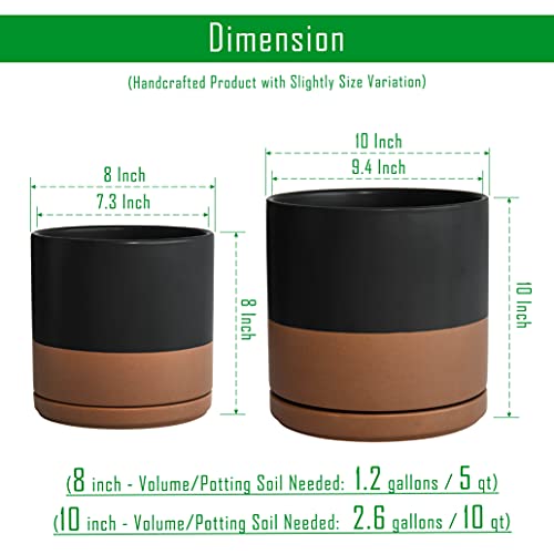 D'vine Dev 2-Pack Ceramic Pots with Saucers, 8/10 in, Black/Tan, 94-G-L-7 | Glazed Ceramic, Drainage Hole, Perfect-Fit Saucer, Sleek Cylinder Shape, High Temperature Fired, Elegant Home Accent - color: Black/Speckled Tan, size: Large