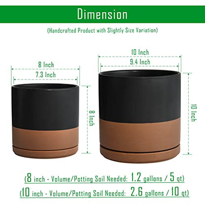 D'vine Dev 2-Pack Ceramic Pots with Saucers, 8/10 in, Black/Tan, 94-G-L-7 | Glazed Ceramic, Drainage Hole, Perfect-Fit Saucer, Sleek Cylinder Shape, High Temperature Fired, Elegant Home Accent - color: Black/Speckled Tan, size: Large