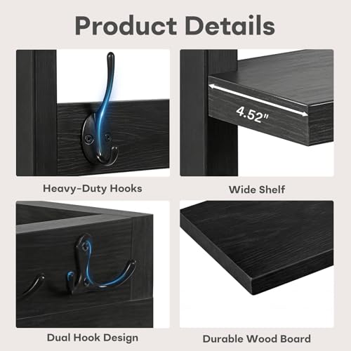 Coat Rack Wall Mount with Shelf & Mail Organizer,29 Inch Wall Shelf with 7 Coat Hooks and 4 Key Hooks for Entryway,Living Room,Bedroom,Offices(Black) - color: Black