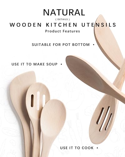 Wooden Spoons for Cooking, 3-Piece Beech Wood Cooking Utensil Set | Slotted spoon, solid spoon and spatula handle stirring, draining, flipping and serving while staying gentle on nonstick pans. - color: Beech Beige