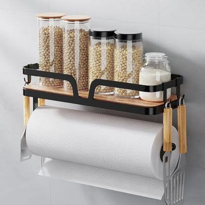 Taozun Paper Towel Holder Wall Mount, Kitchen Paper Holder Spice Rack Black Paper Towel Roll Holder RV Paper Towel Rack with 4 Hooks(2 Installation Methods - Self-Adhesive and Drilling) - style: SP010